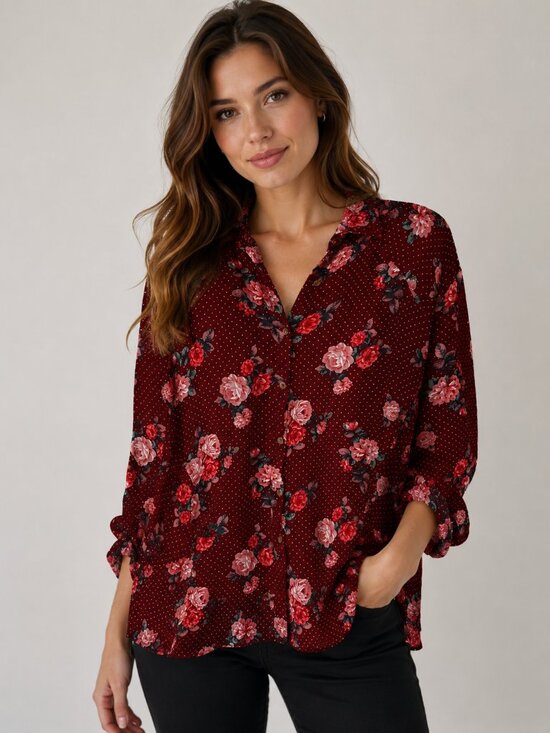 Umgee Tops - Umgee Burgundy Floral Polka Dot 3/4 Sleeve Ruffle Hem Blouse XL